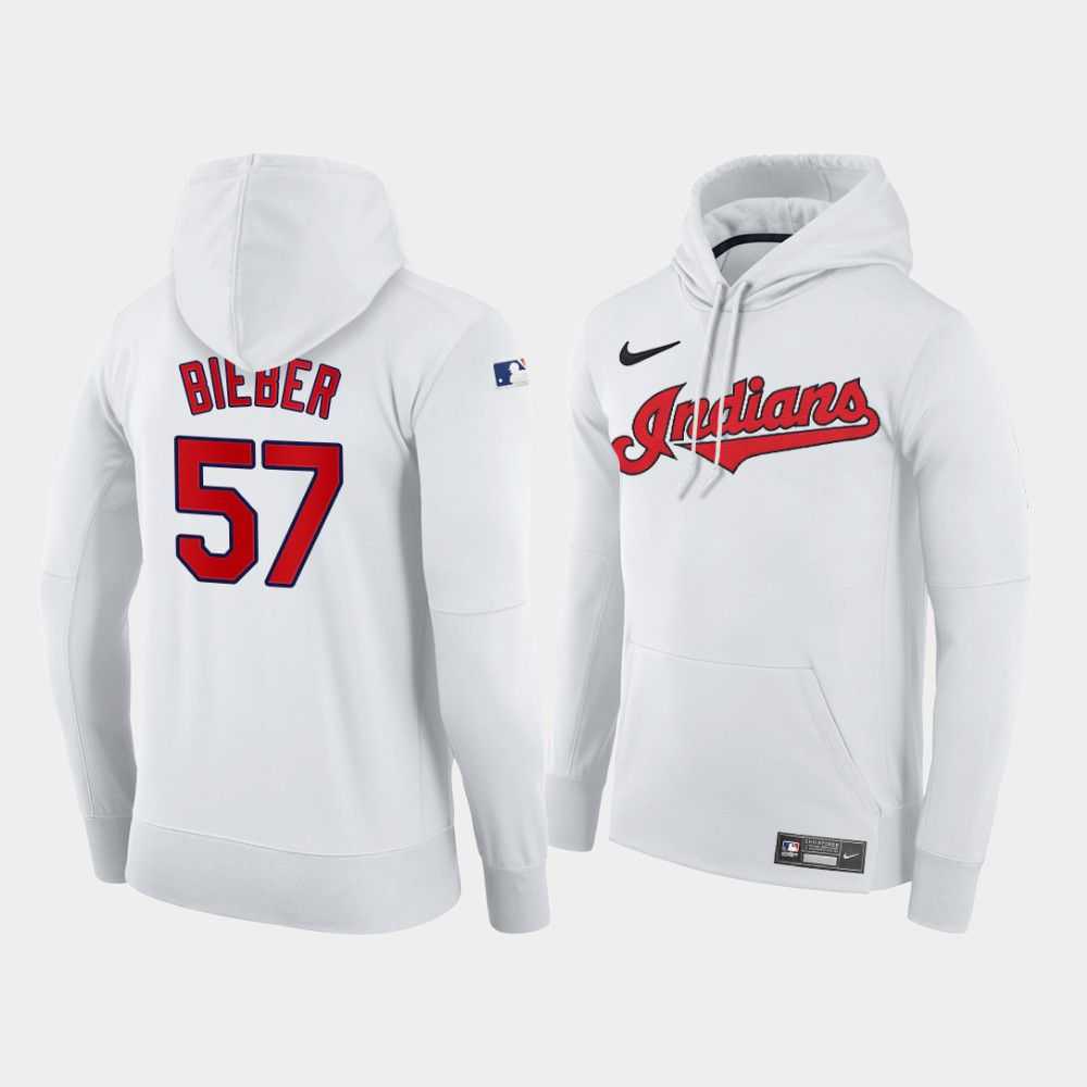 Men Cleveland Indians 57 Bieber white home hoodie 2021 MLB Nike Jerseys